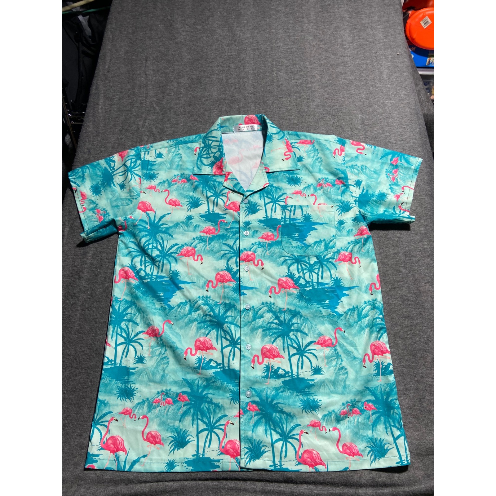 Unbranded Button Down Shirt Teal Flamingo Palm Tree Tropical Hawaiian Mens L
